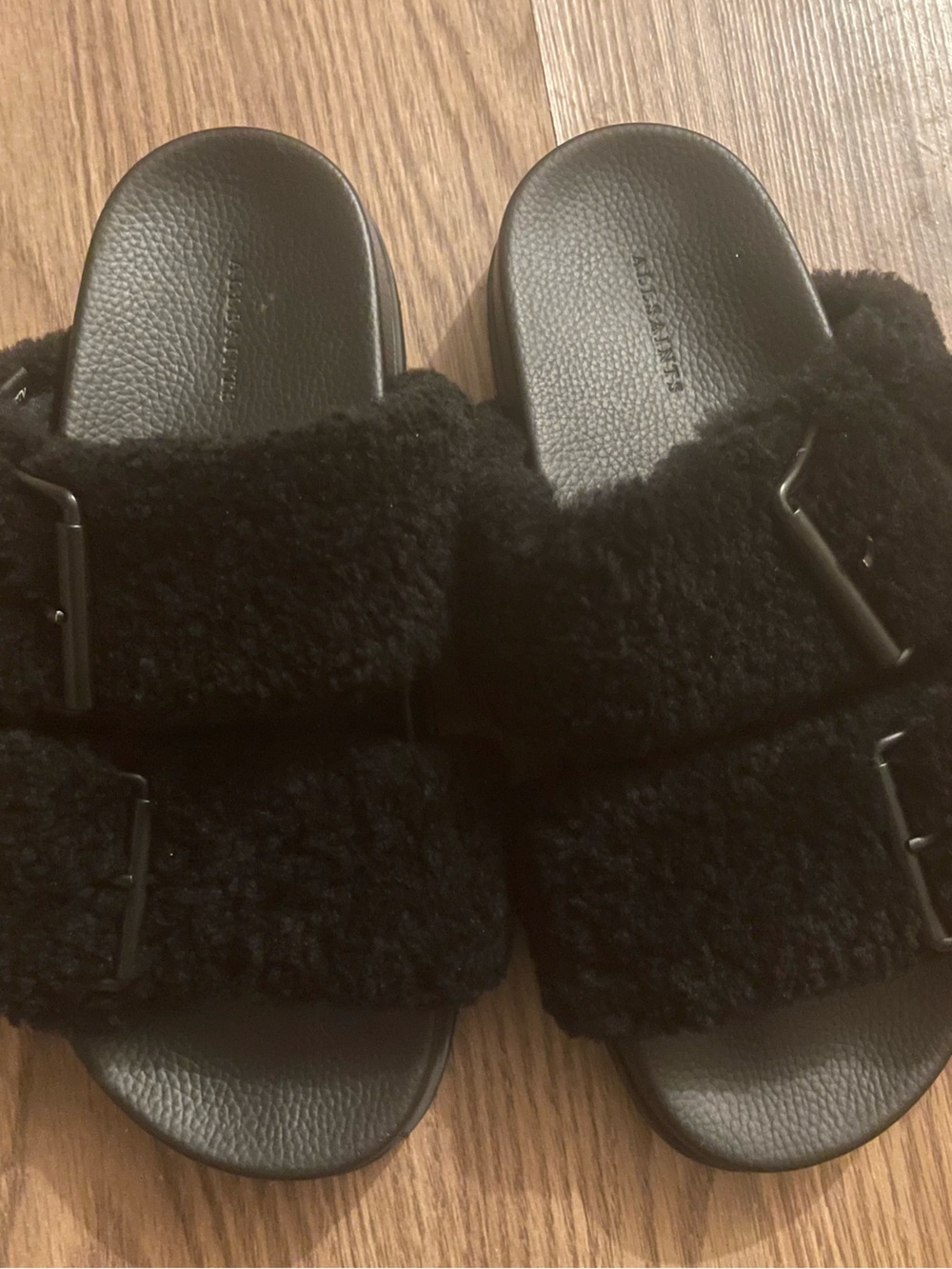 Kids Black Fuzzy Slide Sandals